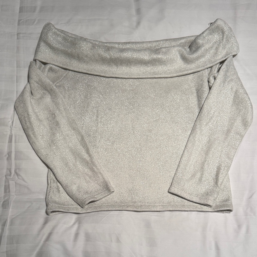 Zara Off-Shoulder Shimmering Gray Sweater